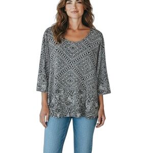 Lucky Brand Boho Paisley Cotton Modal Round Neck 3/4 Sleeve Top 2X Navy Blue
